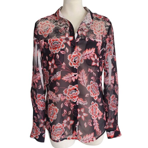 GUESS Nira Chiffon Semi Sheer Floral Rhinestone Detail Long Sleeve Button Down S - Picture 4 of 14